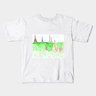 landscape, nature, grass, field, mountain, nobody, watercolor, design, art, painting, color Kids T-Shirt